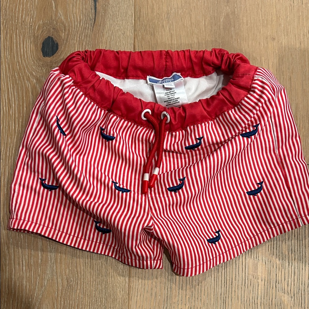 Jacadi Red and White Striped Swim Shorts with Navy Whale Embroidery
